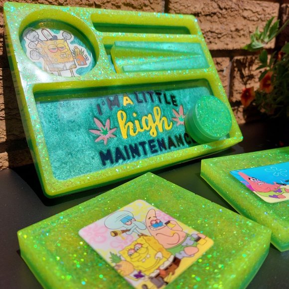 SpongeBob SquarePants/Cannabis Rolling Tray/Ashtray/Coasters Set - Picture 9 of 9
